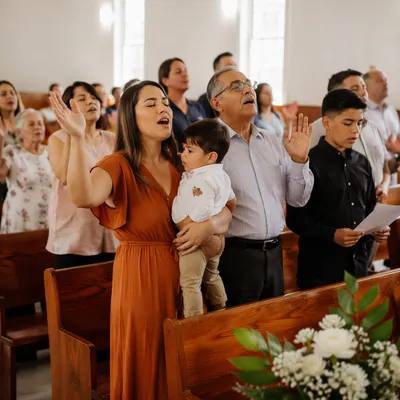 Hispanic Congregation Singing in Bright Sanctuary
