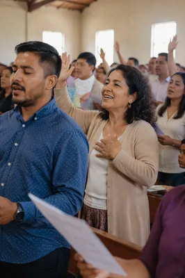 Hispanic Congregation Singing in Church Hall