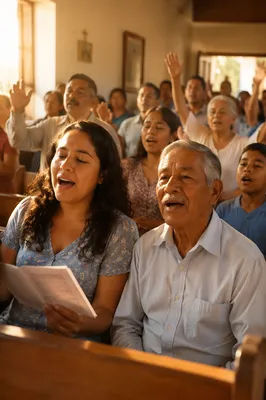 Hispanic Congregation Singing in Sunlit Chapel