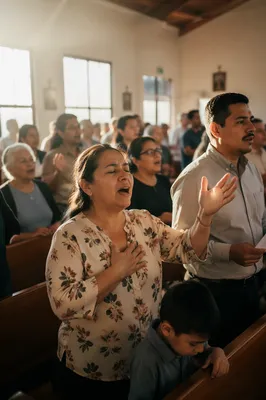 Hispanic Church Congregation Singing in Sanctuary