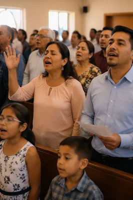 Hispanic Congregation Singing in Bright Sanctuary