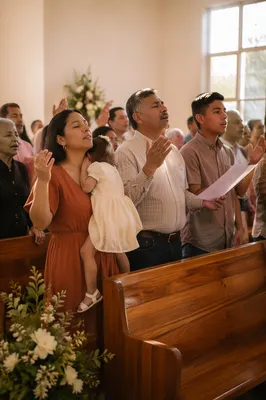 Hispanic Congregation Singing in Bright Sanctuary