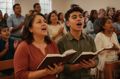 Hispanic Congregation Singing in Bright Sanctuary