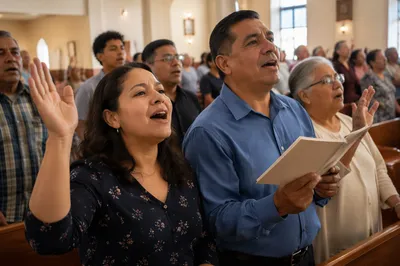 Hispanic Congregation Singing in Bright Sanctuary