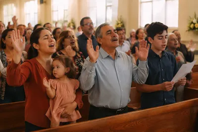Hispanic Congregation Singing in Bright Sanctuary