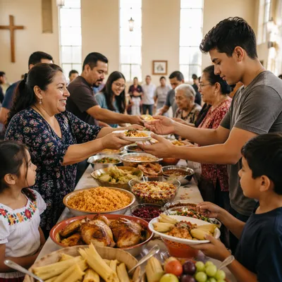 Hispanic Families Sharing Potluck Meal Together
