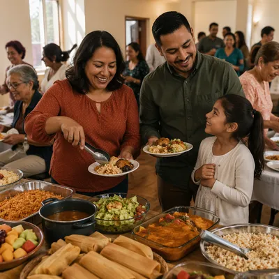 Families Sharing Food in Community Hall