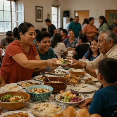 Hispanic Families Sharing Meal in Fellowship Hall