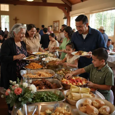 Hispanic Families Sharing Meal in Fellowship Hall