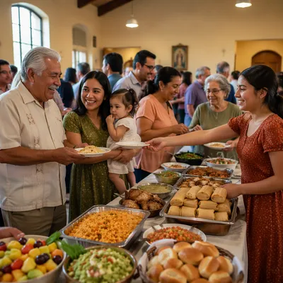 Hispanic Families Sharing Potluck Meal Indoors
