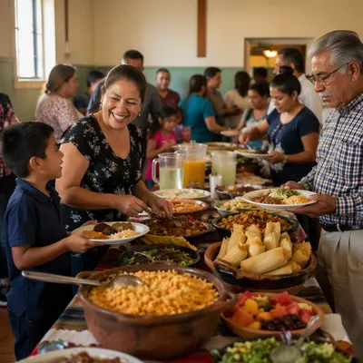 Hispanic Families Sharing Food in Church Hall