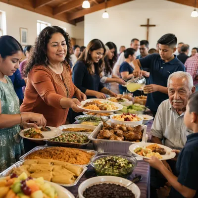 Hispanic Families Sharing Potluck in Fellowship Hall