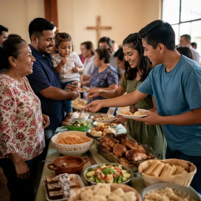 Hispanic Families Sharing Meal in Fellowship Hall