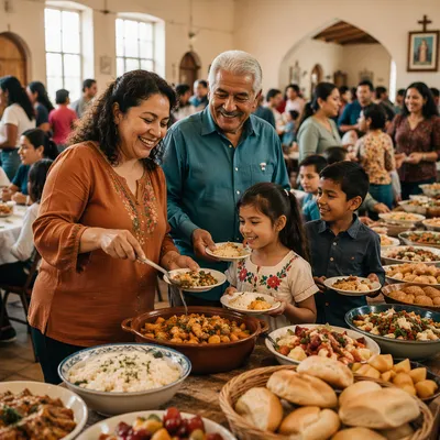 Families Sharing Food in Church Hall