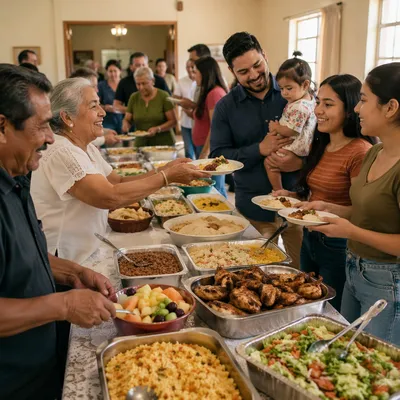 Hispanic Families Sharing Buffet Meal Indoors