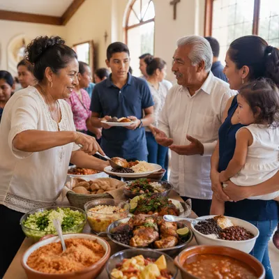 Joyful Hispanic Church Potluck Gathering