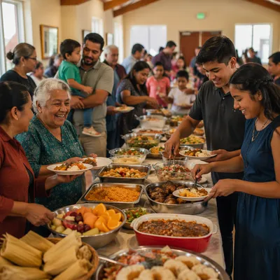Hispanic Families Sharing Meal in Fellowship Hall