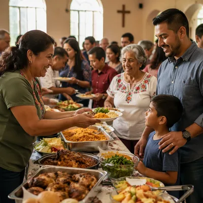 Hispanic Families Sharing Meal in Fellowship Hall