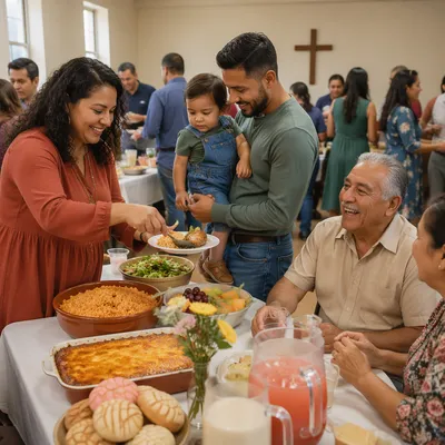 Latino Families Sharing Food in Community Hall