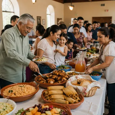 Hispanic Families Sharing Potluck Meal Together