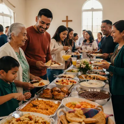 Hispanic Families Sharing Food in Fellowship Hall