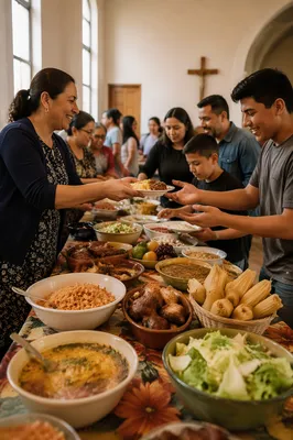 Hispanic Families Sharing Potluck in Fellowship Hall