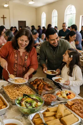 Families Sharing Food in Community Hall