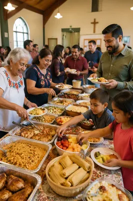 Hispanic Families Sharing Meal in Fellowship Hall