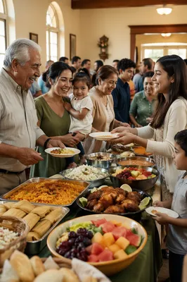 Hispanic Families Sharing Food in Parish Hall