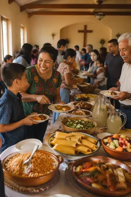 Hispanic Families Sharing Potluck in Church Hall