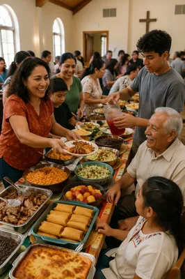 Hispanic Families Sharing Food in Fellowship Hall