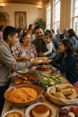 Hispanic Families Sharing Meal in Fellowship Hall