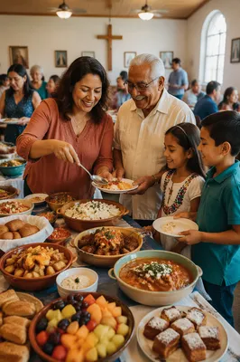 Hispanic Families Sharing Food in Church Hall