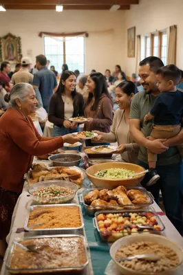 Hispanic Families Sharing Meal in Fellowship Hall