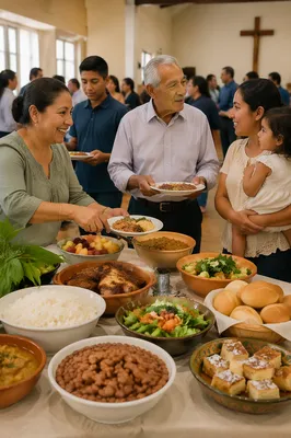 Joyful Hispanic Church Potluck Gathering