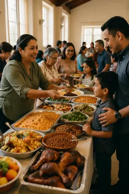 Hispanic Families Sharing Meal in Fellowship Hall