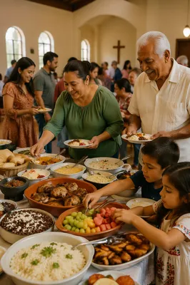 Hispanic Families Sharing Potluck Meal Indoors