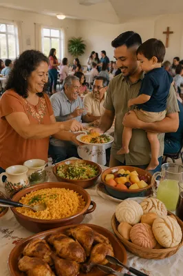 Hispanic Families Sharing Food in Community Hall