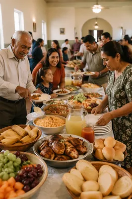 Hispanic Families Gathering Around Potluck Table
