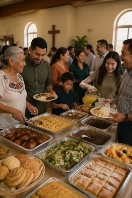 Hispanic Families Sharing Food in Fellowship Hall