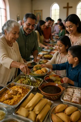 Hispanic Families Sharing Potluck Meal Indoors