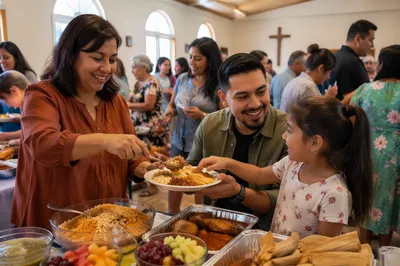 Hispanic Families Sharing Potluck Meal Together