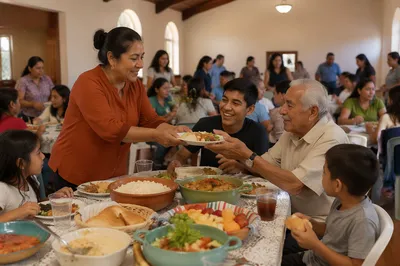 Hispanic Families Sharing Meal in Fellowship Hall