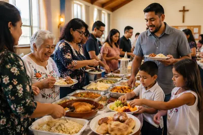 Hispanic Families Sharing Meal in Fellowship Hall