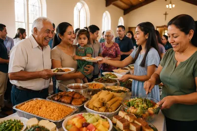 Families Gathering Around Potluck Buffet Table