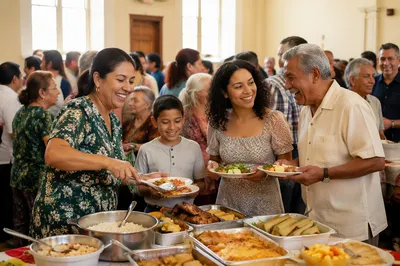 Church Hall Potluck With Diverse Families
