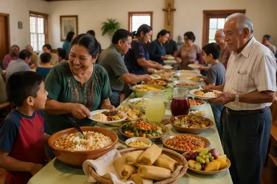 Hispanic Families Sharing Potluck in Church Hall