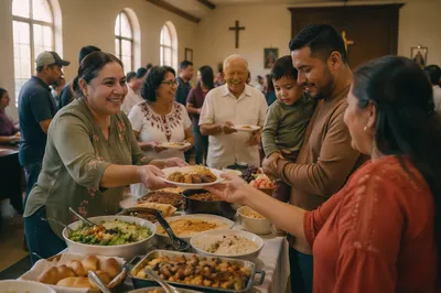 Joyful Church Potluck in Fellowship Hall