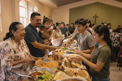 Hispanic Families Sharing Meal in Fellowship Hall