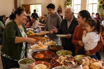 Joyful Hispanic Church Potluck Gathering